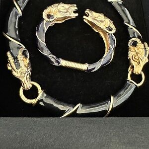 Donald Stannard Ram Head Necklace & Bracelet Set – Black & Navy Enamel – Vintage